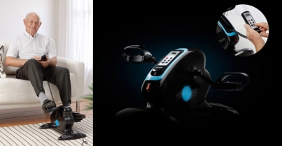 Persona utilizando un LH Desk Bike, bicicleta estática de escritorio para ejercicio activo en el trabajo.