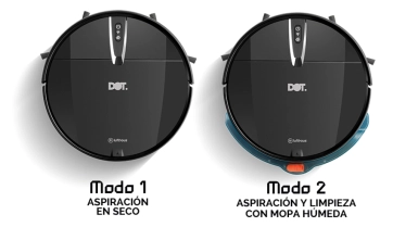 Foto mostrando los dos modos de limpieza del robot aspirador Dot: Aspiración en seco, y aspiración y limpieza con mopa húmeda